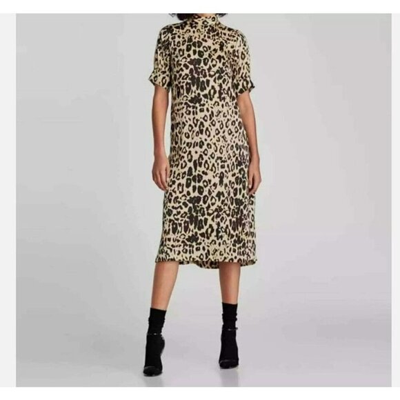 Zara Mock Beige‎ Brown Neck Animal Print Open Sides Midi Dress Large - Picture 1 of 14